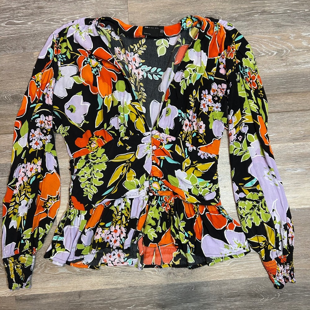ASOS DESIGN Women's Black Floral Print Long Sleeve Peplum Blouse Size 10